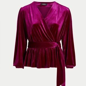 NWT Lauren Ralph Lauren Belted Velvet Peplum Surplice Top Purple Size L Romantic